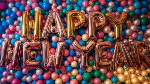 Zooming Camera Revealing Gold Foil HAPPY NEW YEAR Multicolored Ball Pit Backdrop for Party