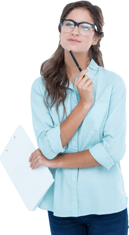 Transparent thoughtful woman holding clipboard and pen