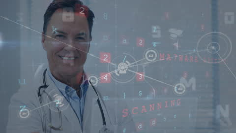 Doctor Smiling Amid Digital Interface Connections