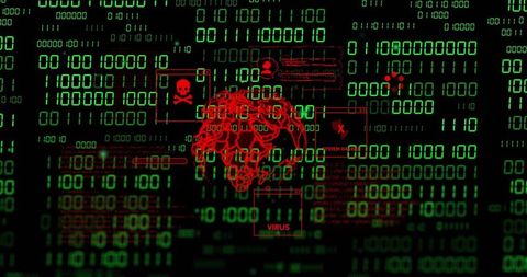 Pulsing red wireframe globe surrounded with neon binary cascade signaling malware threat