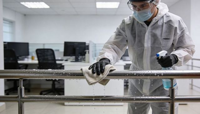 Cleaning technician in full ppe disinfecting stainless-steel railing with spray and cloth