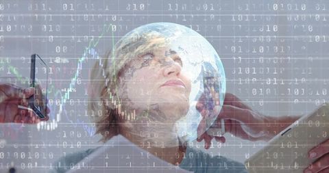 Mature woman analyzing global data with smartphone and tablet, fintech leadership concept