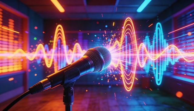 Microphone emitting neon soundwaves in vibrant studio for live broadcast and audio visualization