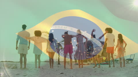 Diverse Group Enjoying Beach with Brazilian Flag