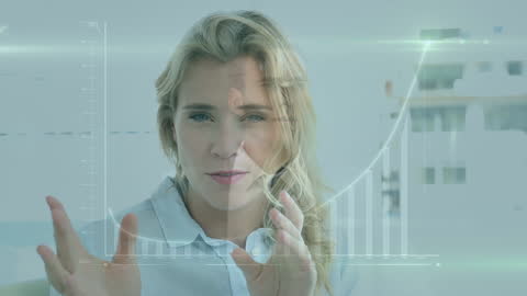 Businesswoman Discussing Data Insights with Virtual Graphics