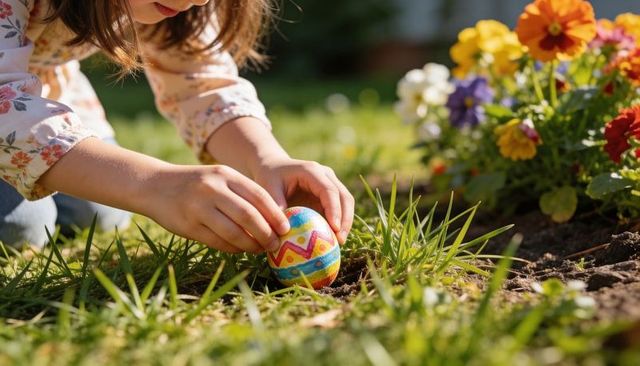 Kneeling child placing painted easter egg in garden bed with bright spring flowers