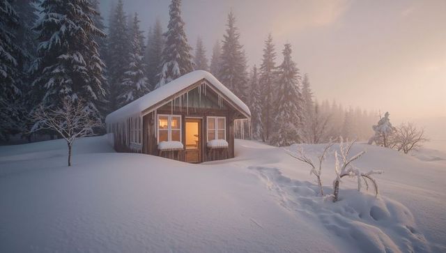 Cozy wooden cabin glowing at twilight in snowy alpine forest with icicles and footprints