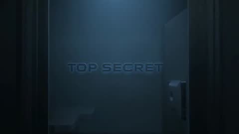 Revealing TOP SECRET frosted glass door in dim secure corridor with keypad access