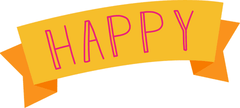 Bright yellow orange ribbon with pink 'happy' on transparent background