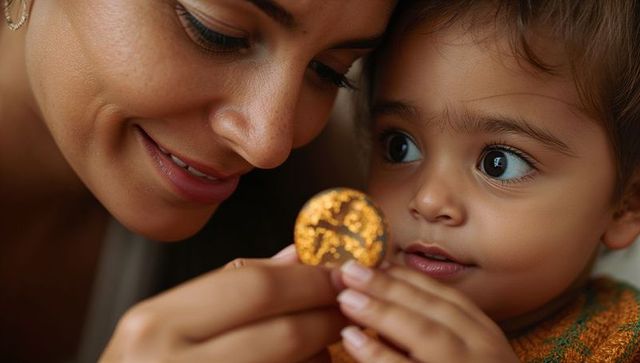 Smiling mother sharing golden cookie with curious toddler, intimate warm closeup