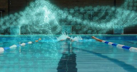 Swimmer performing front crawl with dynamic particle effect