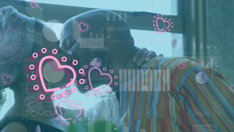 Romantic Couple Embracing Amid Digital Hearts Animation