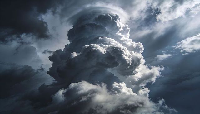 Towering cumulonimbus with anvil top and cauliflower turrets, dramatic crepuscular light