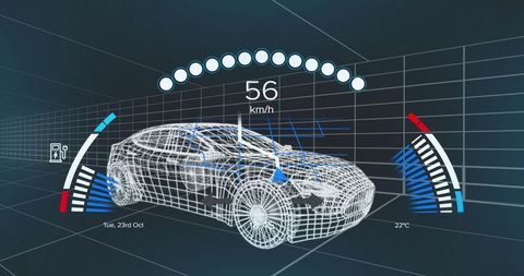Wireframe 3D Car HUD Display Showing Telemetry, Speed and Gauges for Automotive Simulation