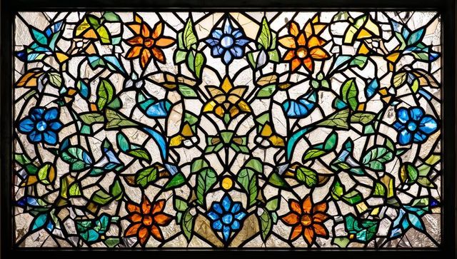 Intricate stained glass panel with vibrant floral design