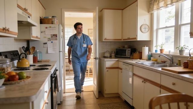 Male healthcare worker walking into sunlit kitchen wearing blue scrubs and stethoscope