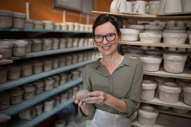 Female potter molding clay in a pottery workshop, surrounded by shelves filled with ceramic pieces. Ideal for use in articles about pottery, artisan crafts, creative professions, small businesses, and handmade goods. Can be used to illustrate the process of pottery making, the environment of a pottery studio, or the dedication of artisans to their craft.