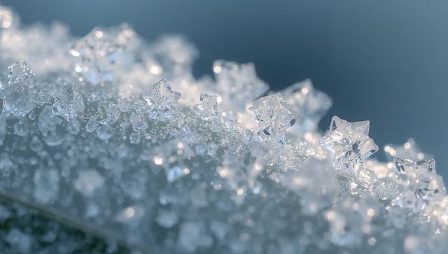 Macro star-shaped snow crystals on leaf sparkling frost cool blue bokeh glittering facets