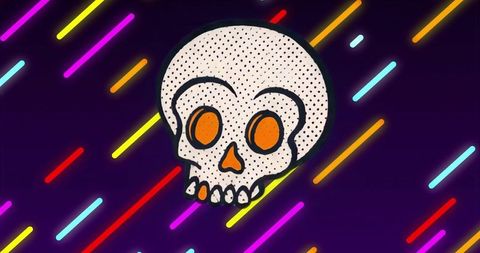 Pop art halftone skull with neon lights background