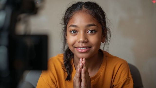 Smiling teen girl with hands together at home desk wearing mustard shirt close-up portrait