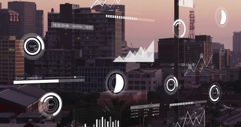 Digital data interfaces creating futuristic cityscape
