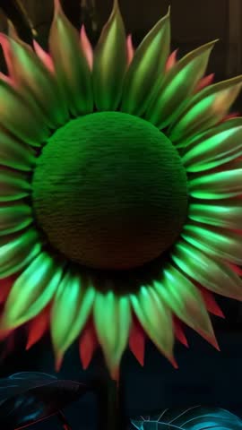 Rotating Neon Sunflower Mask Glowing in Dark Room, Futuristic Surreal Vertical Video