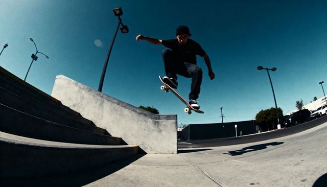 Skateboarder launching over concrete ledge and stairs at sunlit urban plaza