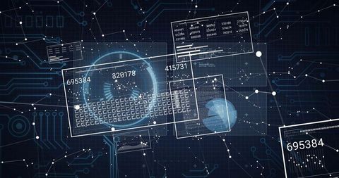 Futuristic Digital HUD Interface Showing Holographic Data, Network Nodes and Circuits