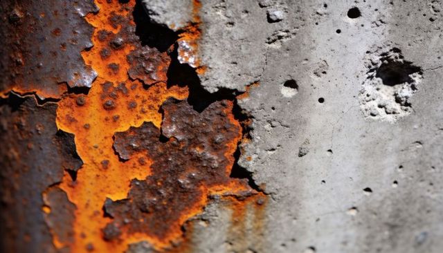 Peeling rust revealing pitted concrete macro texture abstract industrial surface