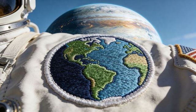 Embroidered earth patch on astronaut spacesuit torso with planetary backdrop and us flag