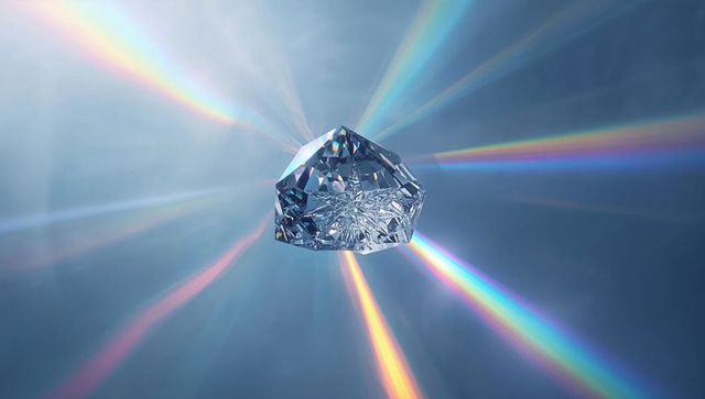 Radiant diamond prism with vibrant rainbow beams on blue background