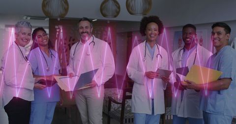 Diverse Medical Team with Heart Rate Pattern in Hospital Setting