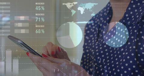 Businesswoman Analyzing Global Data on Smartphone with Digital Interface