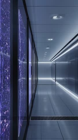 Futuristic tech corridor traveling shot with pulsing LED panels and sleek digital walls