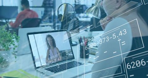 Virtual Meeting in Modern Workspace with Futuristic Tech Interface