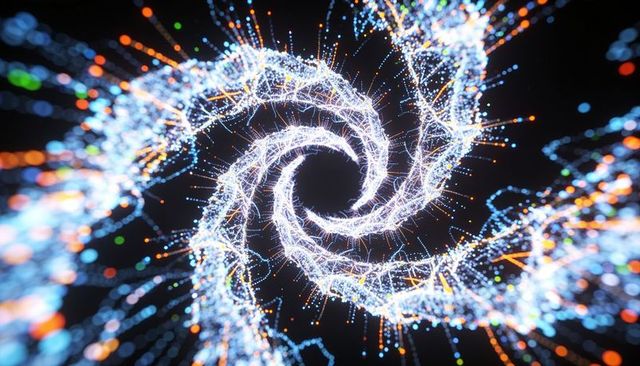 Spiraling neon data vortex emitting luminous filaments and particle streams