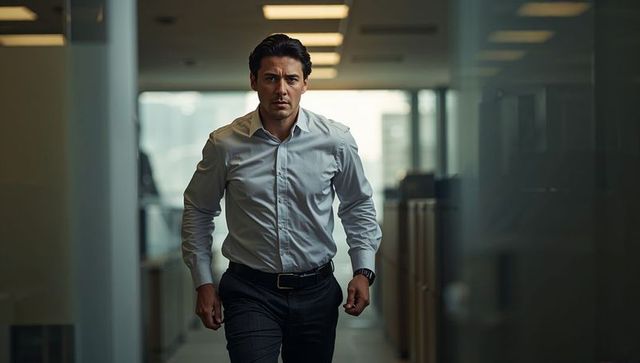 Confident executive walking down narrow glass corridor wearing dress shirt and wristwatch