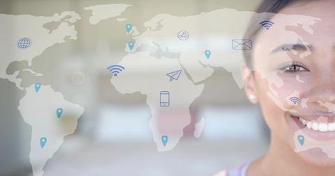 Smiling woman with global connectivity overlay and location pins for business