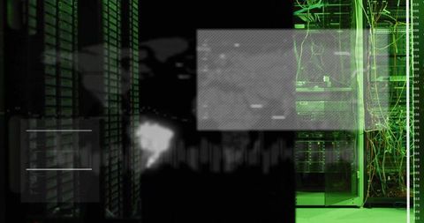 Neon green data center interior with open network cabinet, patch cables and hud overlays