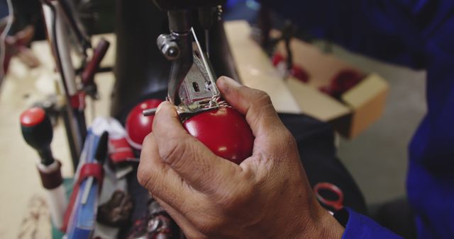 Close Up of Craftsman Sewing Red Leather on Sewing Machine - Download Free Stock Images Pikwizard.com