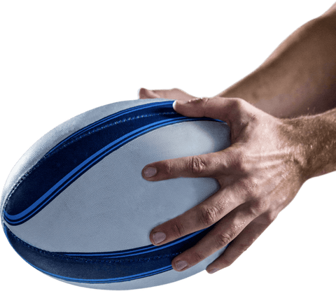 Close-up hands gripping transparent rugby ball for team sports focus