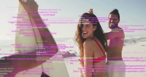 Surfers Enjoying Beach with Overlayed Coding Graphics
