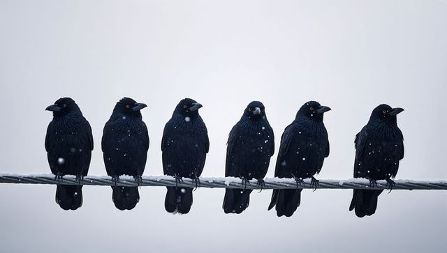 Perching six black birds on snowy power line under gray winter sky