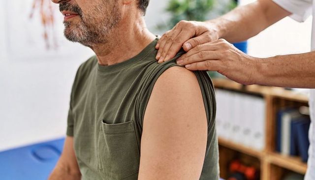 Clinician palpating senior man's shoulder during physiotherapy assessment in clinic