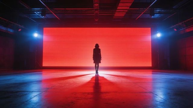 Silhouette of woman standing before red led screen with dramatic blue accent lighting