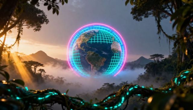 Hovering holographic earth glowing with neon grid rings above misty rainforest canopy