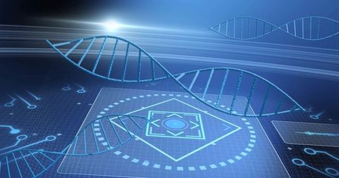 Digital dna strands with futuristic interface background