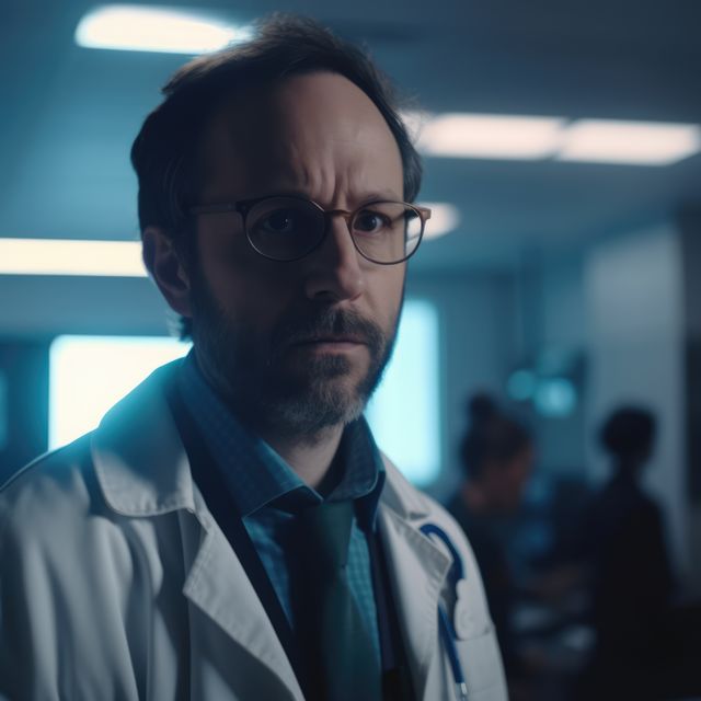 Shocked caucasian male surgeon with glasses over nurses, created using generative ai technology. Medicine, healthcare, digitally generated image.