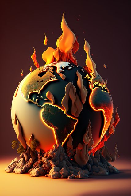 Digital artwork depicting burning Earth, symbolizing climate change and the environmental crisis. Useful for articles, blogs, presentations about sustainability, global warming, and ecological issues.