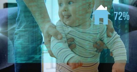 Father Supporting Infant Standing at Home with Infographic Overlay